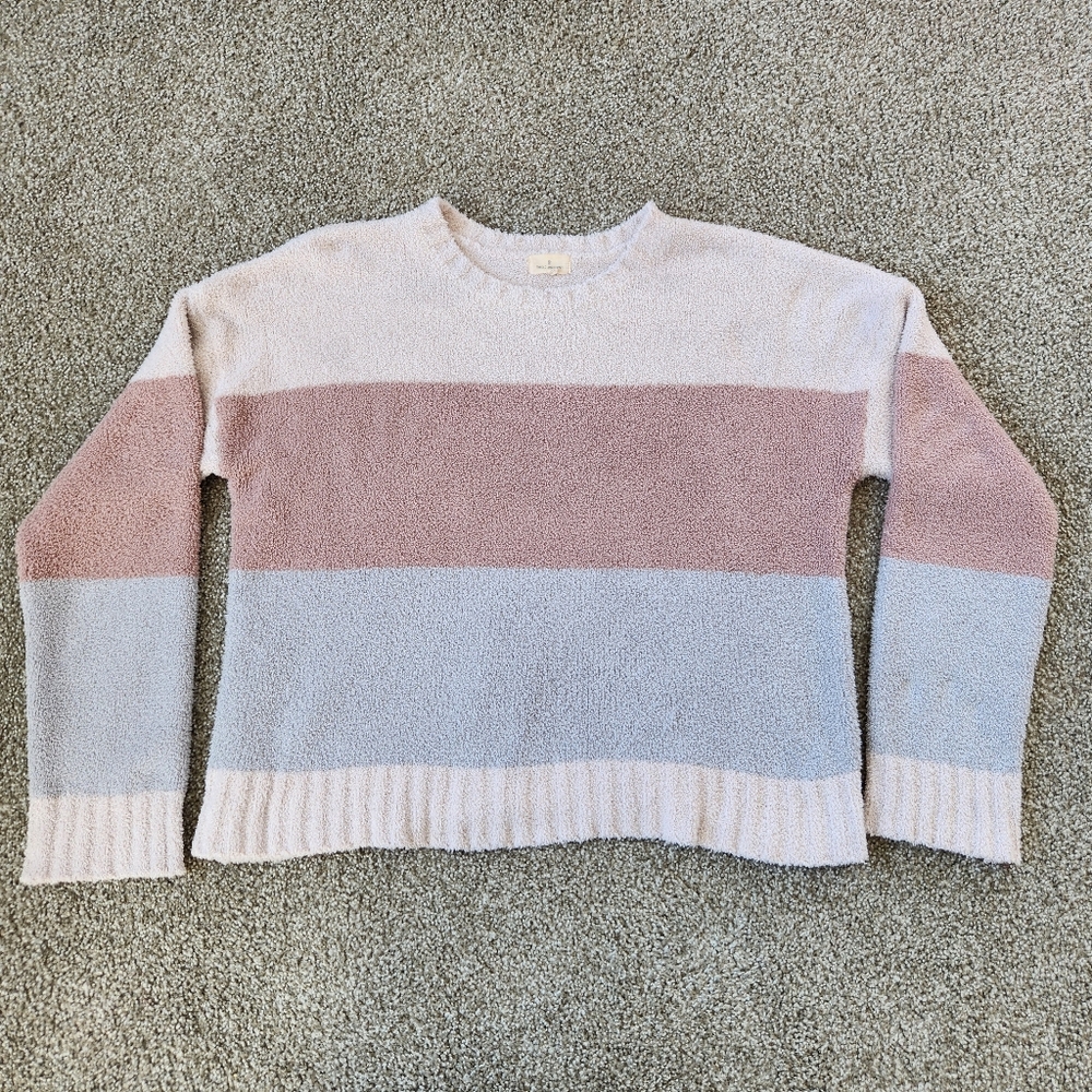 LIKE NEW Thread & Supply Pale Color Block Fuzzy Sweater Size L Ivory Mauve Grey